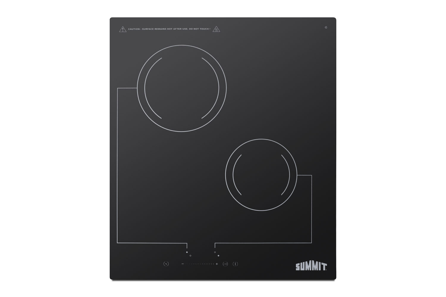 2-burner 220V radiant cooktop with digital touch controls and black glass surface